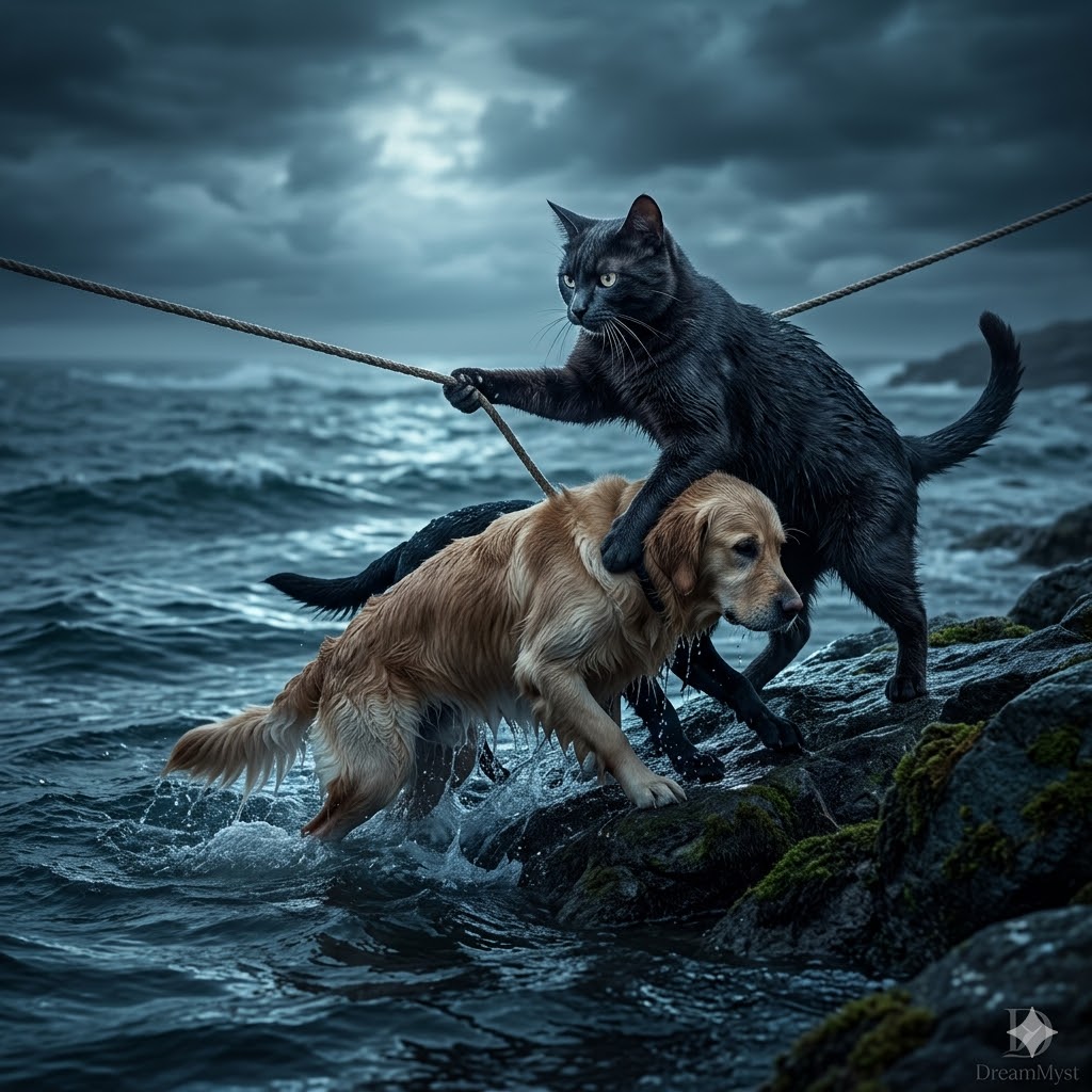 Soñar que un gato saca a dos perros del mar